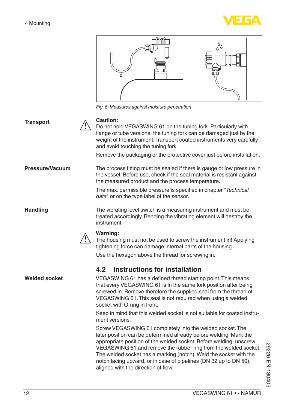 2 instructions for installation | VEGA VEGASWING 61 - NAMUR User Manual | Page 12 / 36