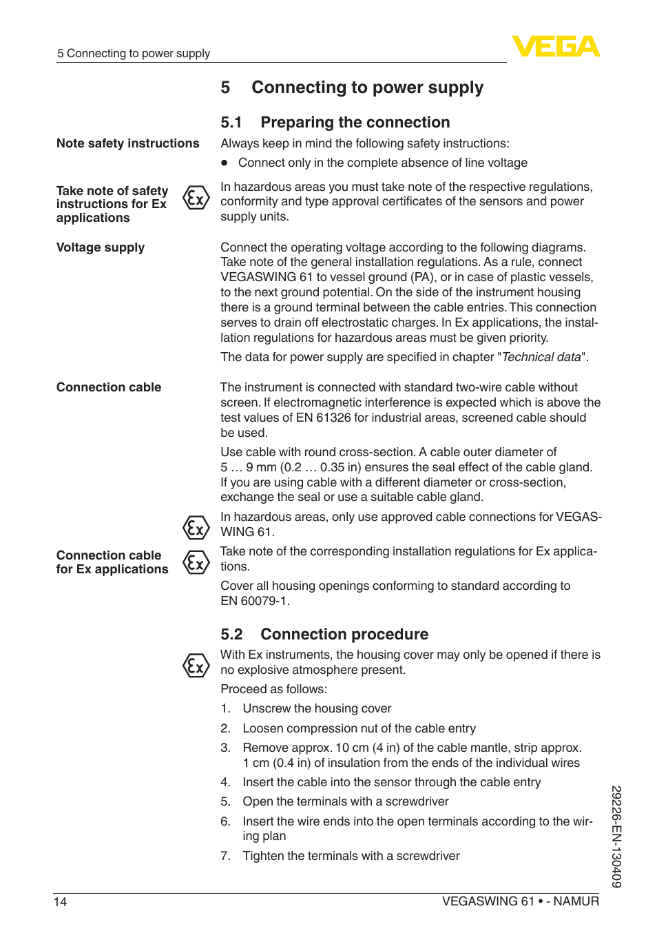 5 connecting to power supply, 1 preparing the connection, 2 connection procedure | VEGA VEGASWING 61 - NAMUR User Manual | Page 14 / 36