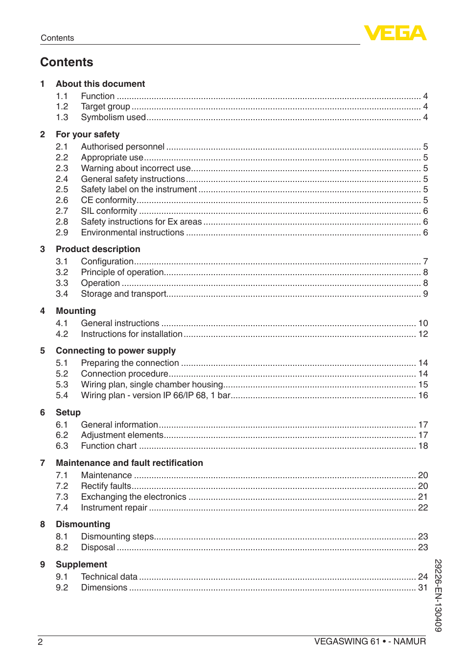 VEGA VEGASWING 61 - NAMUR User Manual | Page 2 / 36