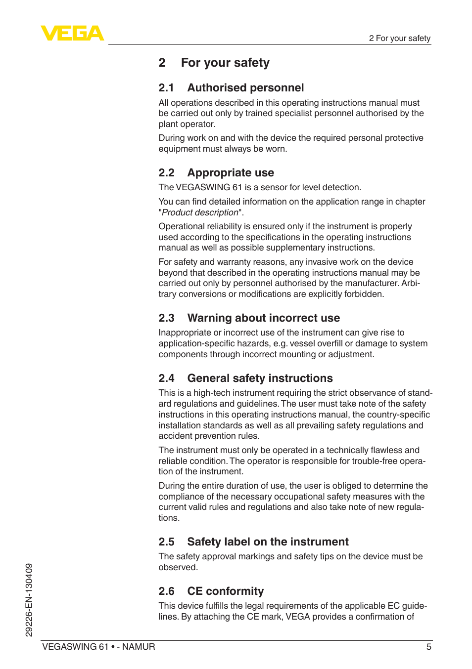 2 for your safety | VEGA VEGASWING 61 - NAMUR User Manual | Page 5 / 36