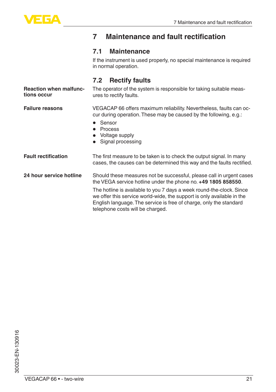 7 maintenance and fault rectification, 1 maintenance, 2 rectify faults | VEGA VEGACAP 66 - two-wire User Manual | Page 21 / 36