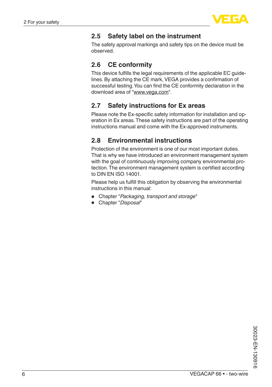 5 safety label on the instrument, 6 ce conformity, 7 safety instructions for ex areas | 8 environmental instructions | VEGA VEGACAP 66 - two-wire User Manual | Page 6 / 36