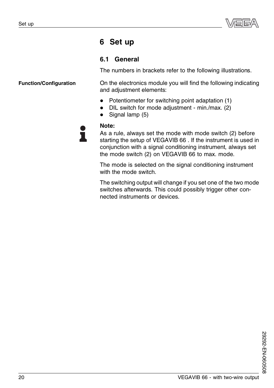 6 set up, 1 general | VEGA VEGAVIB 66 - two-wire User Manual | Page 20 / 40