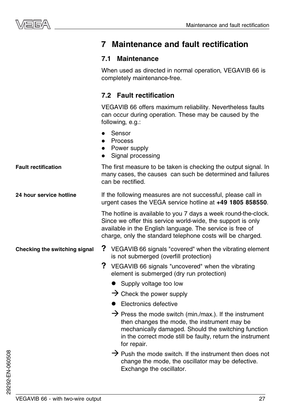 7 maintenance and fault rectification, 1 maintenance, 2 fault rectification | 7 maintenance and fault rectiﬁcation | VEGA VEGAVIB 66 - two-wire User Manual | Page 27 / 40