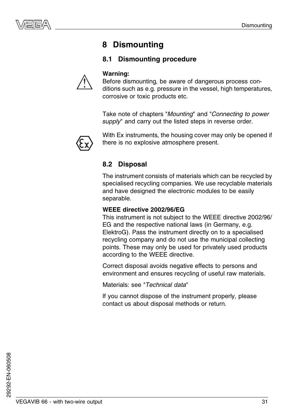 8 dismounting, 1 dismounting procedure, 2 disposal | VEGA VEGAVIB 66 - two-wire User Manual | Page 31 / 40