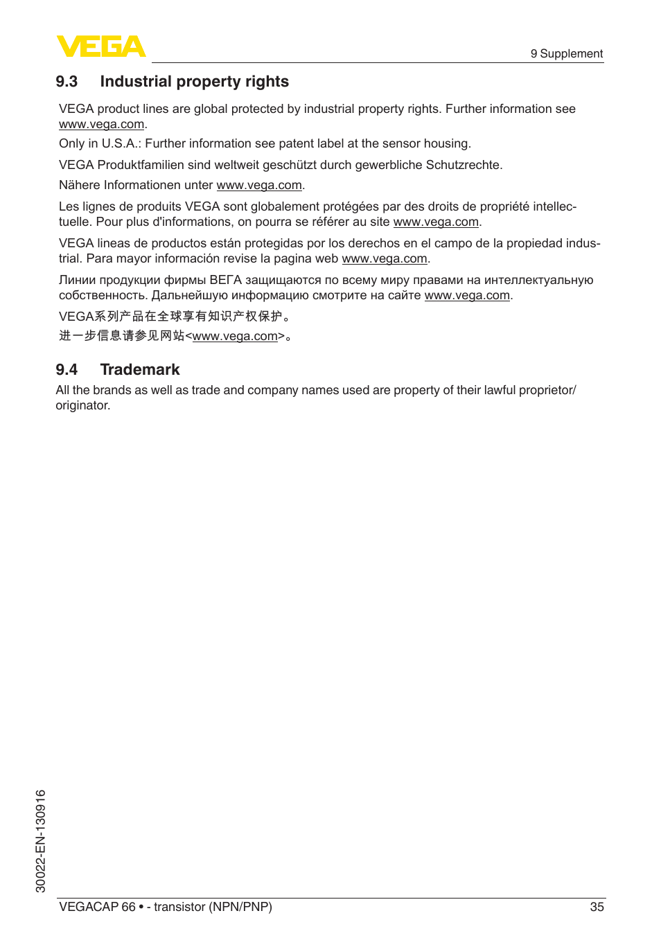 3 industrial property rights, 4 trademark | VEGA VEGACAP 66 - transistor (NPN_PNP) User Manual | Page 35 / 36