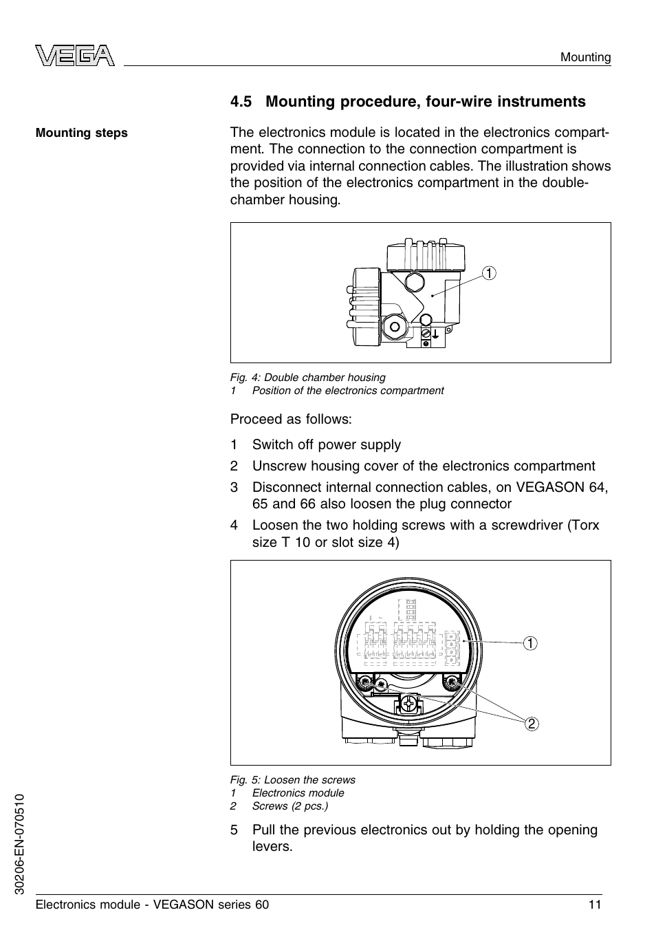 5 mounting procedure, four–wire instruments | VEGA VEGASON series 60 Electronics module User Manual | Page 11 / 20