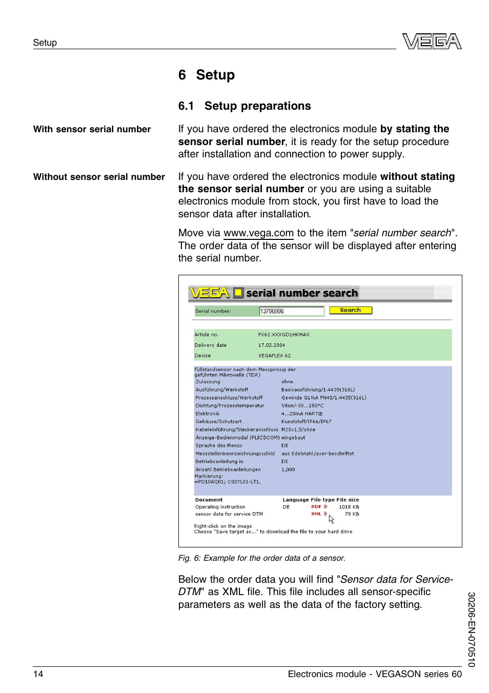 6 setup, 1 setup preparations, 6 s etup | VEGA VEGASON series 60 Electronics module User Manual | Page 14 / 20