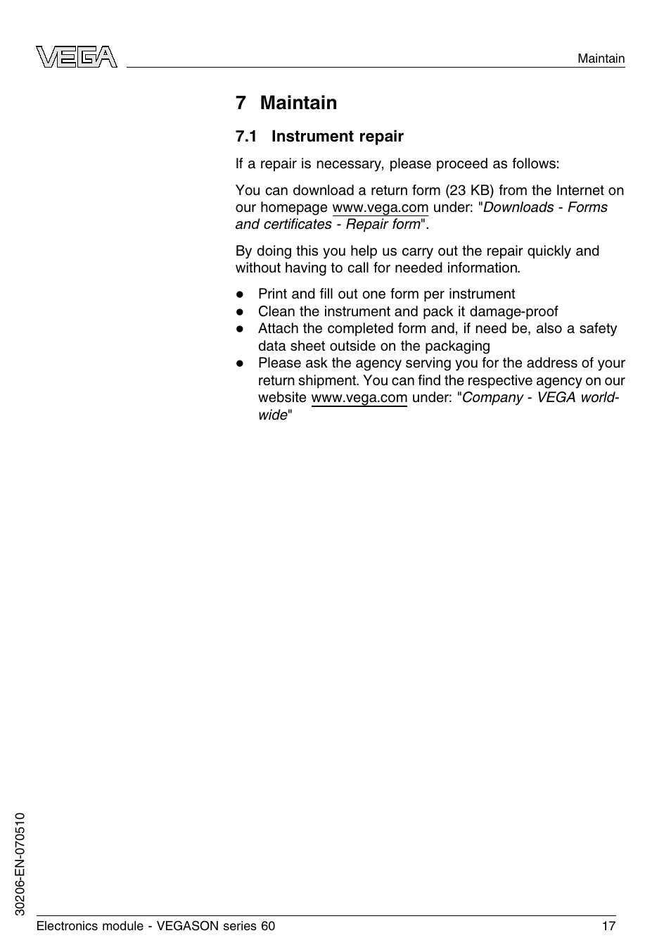 7 maintain, 1 instrument repair, 7 m aintain | VEGA VEGASON series 60 Electronics module User Manual | Page 17 / 20