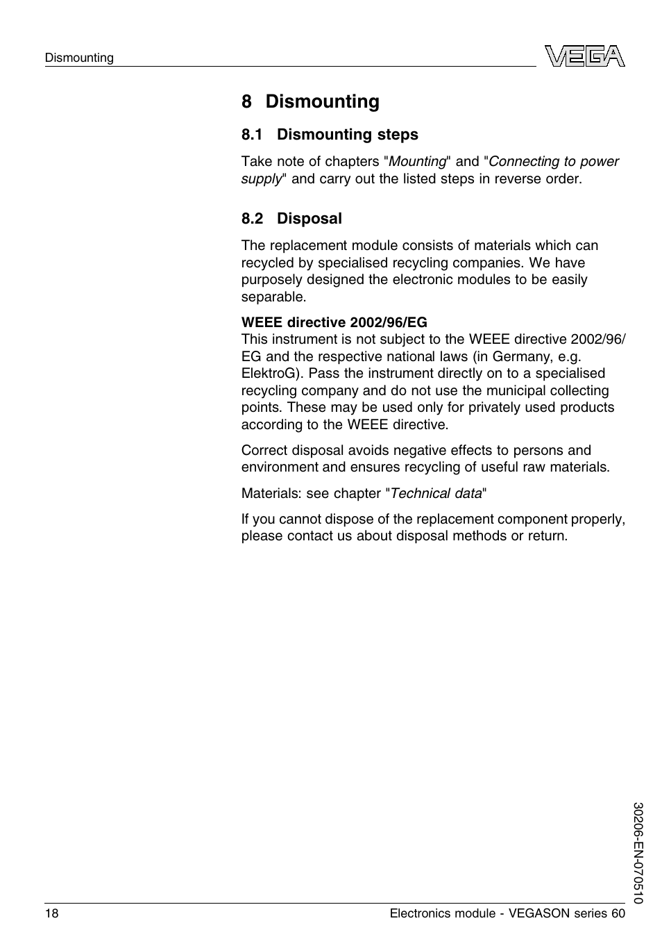 8 dismounting, 1 dismounting steps, 2 disposal | 8 d ismounting | VEGA VEGASON series 60 Electronics module User Manual | Page 18 / 20