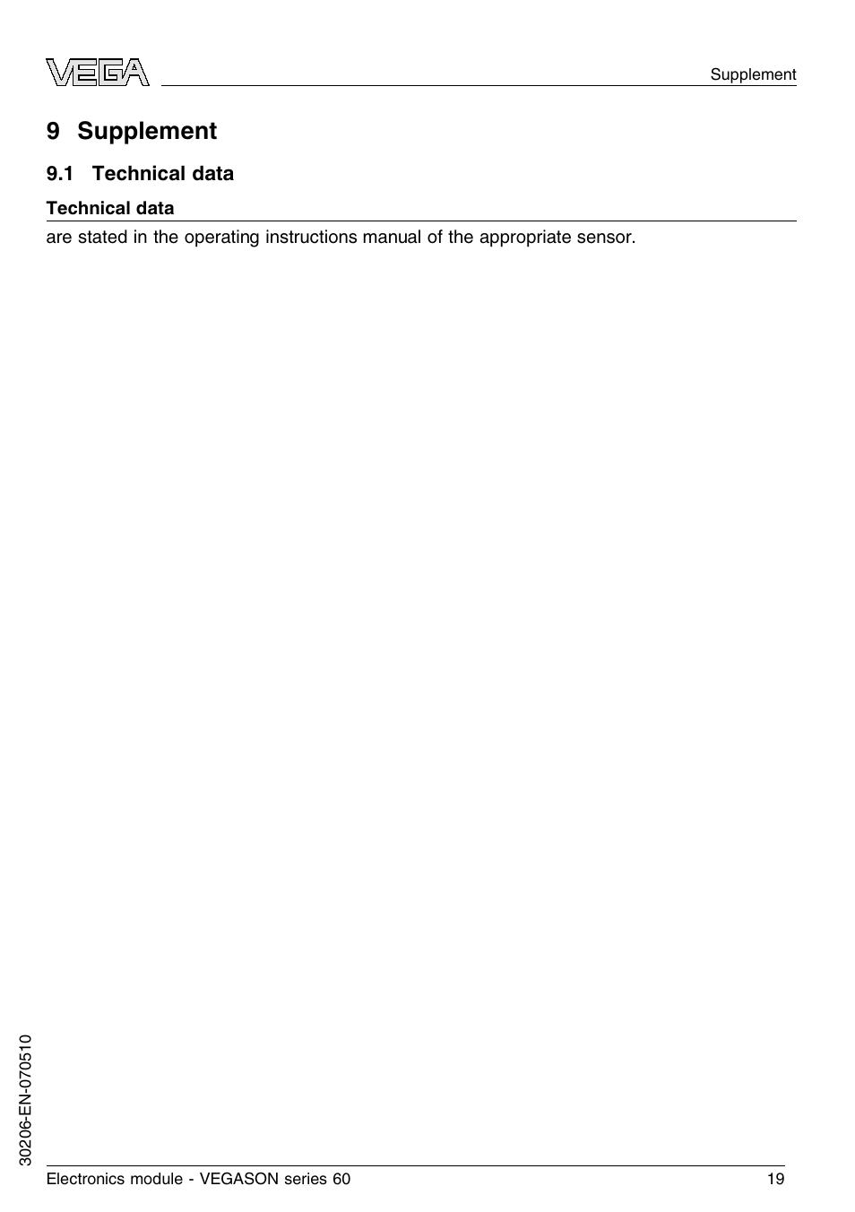 9 supplement, 1 technical data, 9 s upplement | VEGA VEGASON series 60 Electronics module User Manual | Page 19 / 20