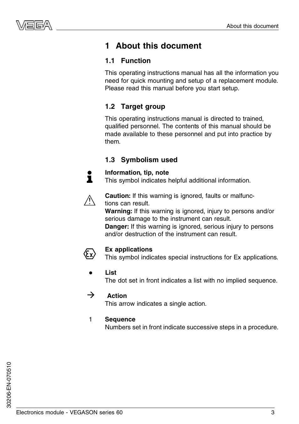 1 about this document, 1 function, 2 target group | 3 symbolism used, 1 a bout this document | VEGA VEGASON series 60 Electronics module User Manual | Page 3 / 20