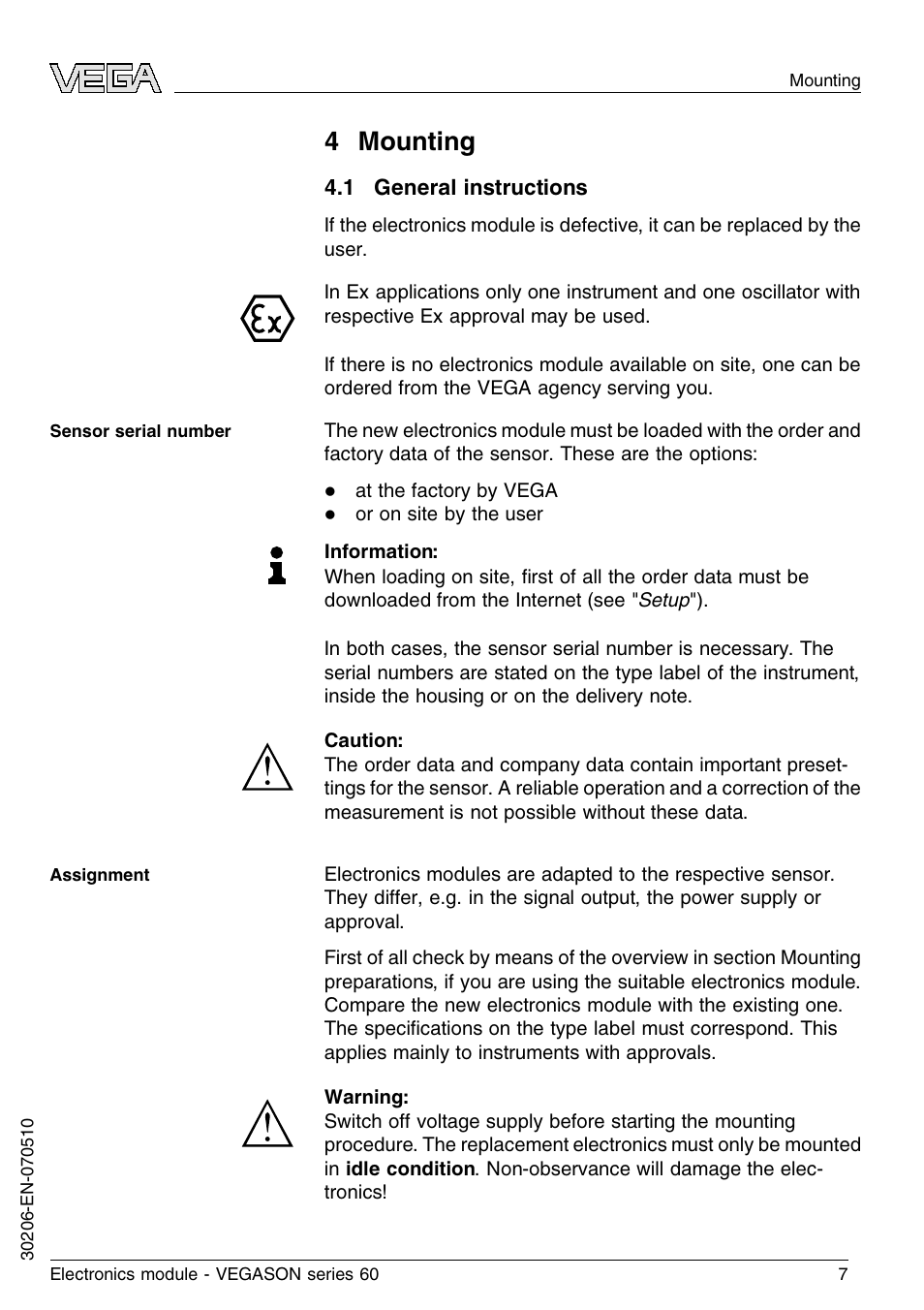 4 mounting, 1 general instructions, 4 m ounting | VEGA VEGASON series 60 Electronics module User Manual | Page 7 / 20