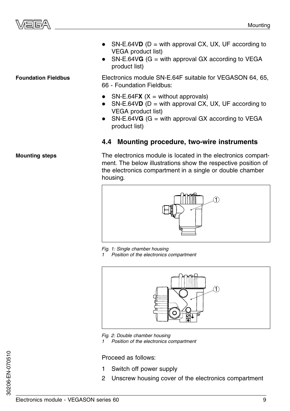4 mounting procedure, two–wire instruments, 4 mounting procedure, two-wire instruments | VEGA VEGASON series 60 Electronics module User Manual | Page 9 / 20