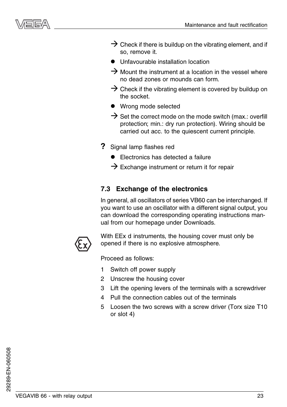 3 exchange of the electronics | VEGA VEGAVIB 66 - relay output User Manual | Page 23 / 36