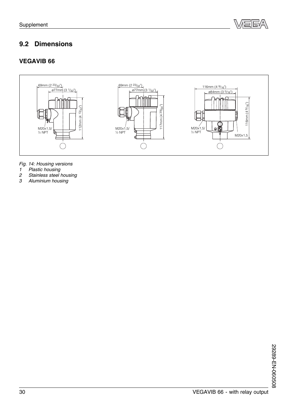 2 dimensions, Vegavib 66 | VEGA VEGAVIB 66 - relay output User Manual | Page 30 / 36
