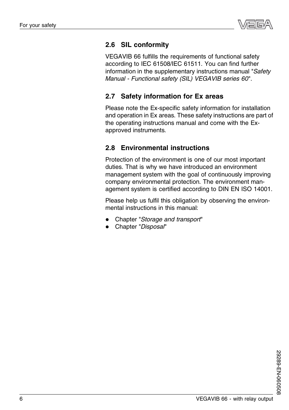 6 sil conformity, 7 safety information for ex areas, 8 environmental instructions | VEGA VEGAVIB 66 - relay output User Manual | Page 6 / 36