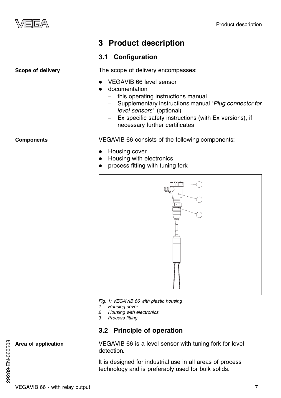 3 product description, 1 configuration, 2 principle of operation | 1 conﬁguration | VEGA VEGAVIB 66 - relay output User Manual | Page 7 / 36