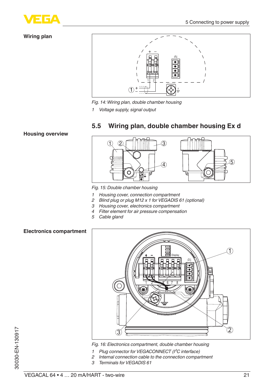 5 wiring plan, double chamber housing ex d | VEGA VEGACAL 64 4 … 20 mA_HART - two-wire User Manual | Page 21 / 48