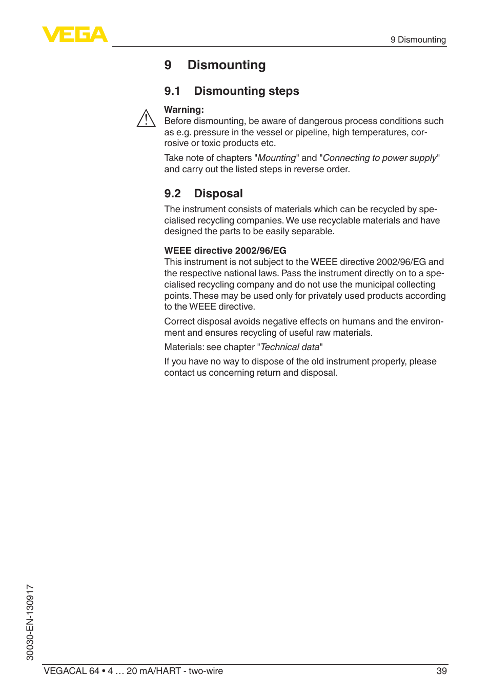 9 dismounting, 1 dismounting steps, 2 disposal | VEGA VEGACAL 64 4 … 20 mA_HART - two-wire User Manual | Page 39 / 48