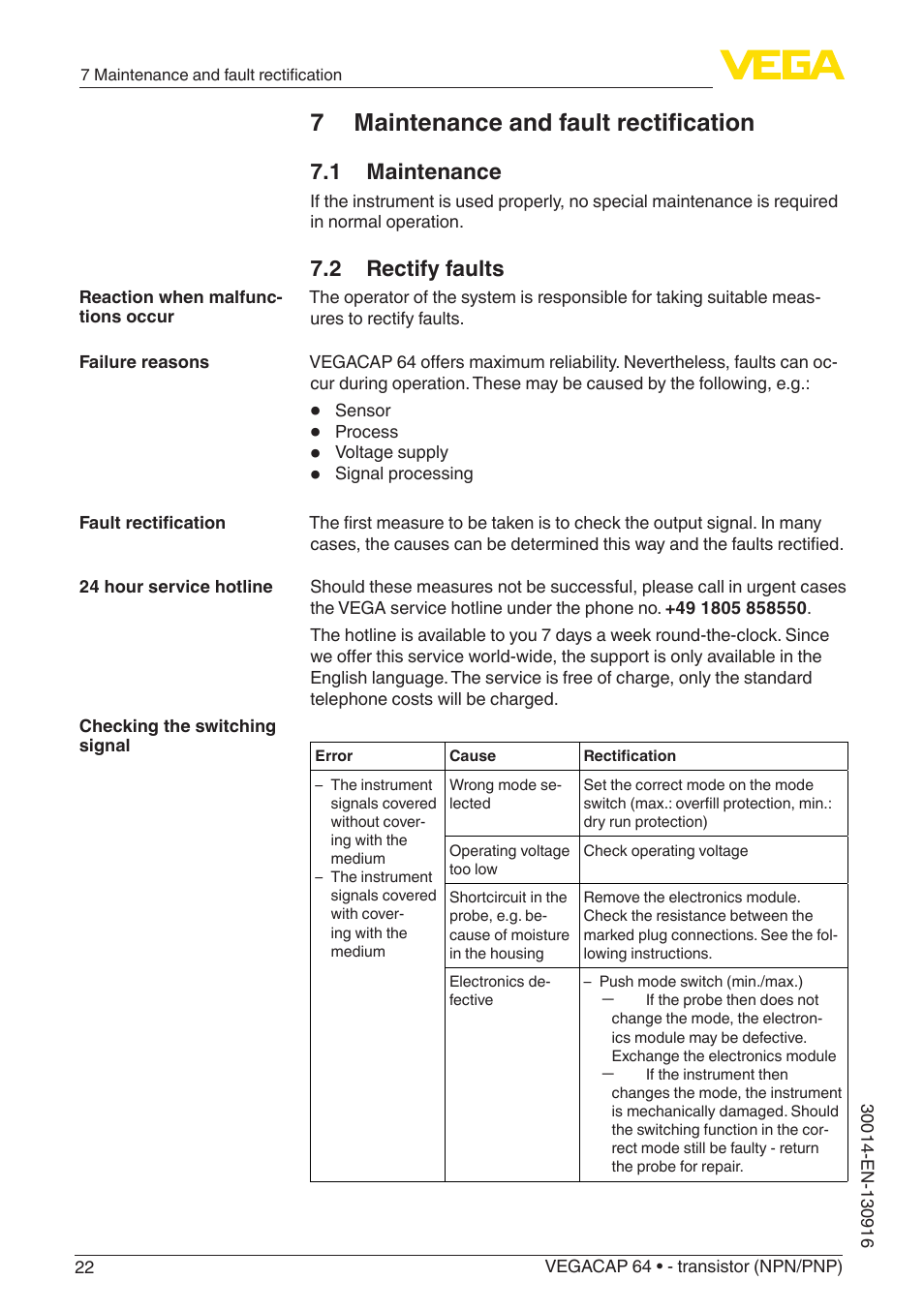 7 maintenance and fault rectification, 1 maintenance, 2 rectify faults | VEGA VEGACAP 64 - transistor (NPN_PNP) User Manual | Page 22 / 36