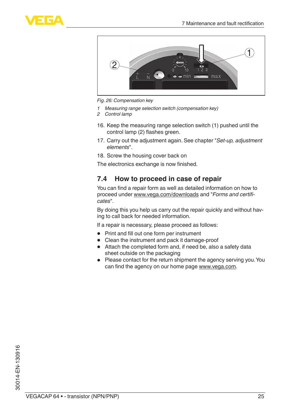 4 how to proceed in case of repair | VEGA VEGACAP 64 - transistor (NPN_PNP) User Manual | Page 25 / 36
