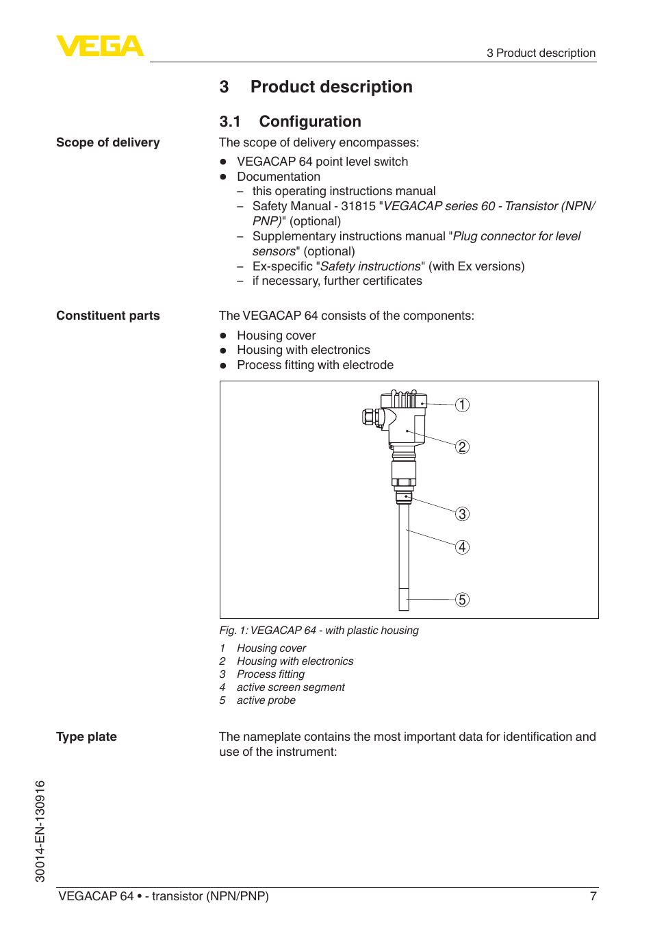 3 product description, 1 configuration | VEGA VEGACAP 64 - transistor (NPN_PNP) User Manual | Page 7 / 36