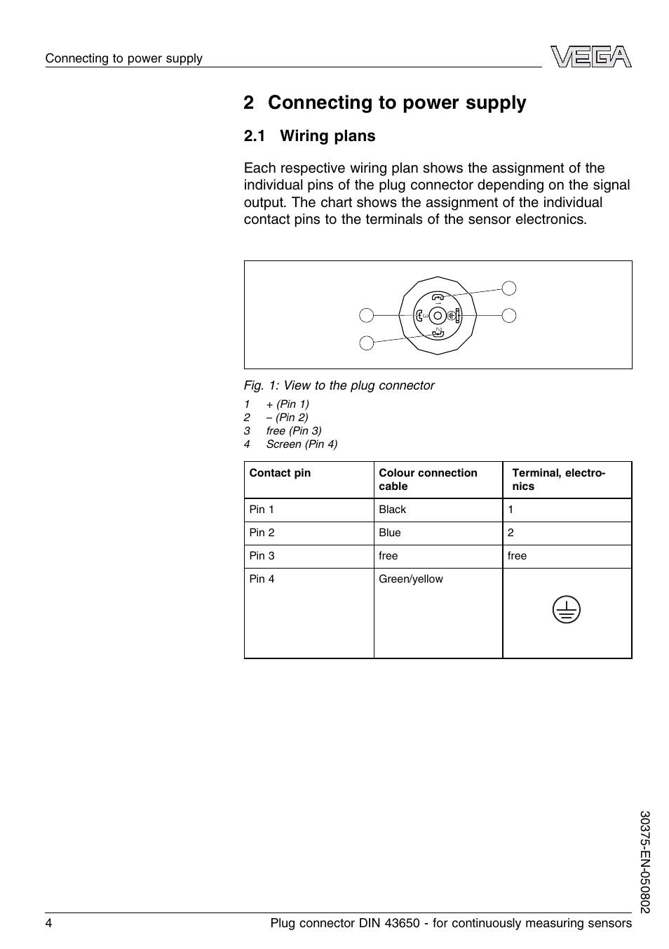 2 connecting to power supply, 1 wiring plans | VEGA Plug connector DIN 43650 for continuously measuring sensors User Manual | Page 4 / 8