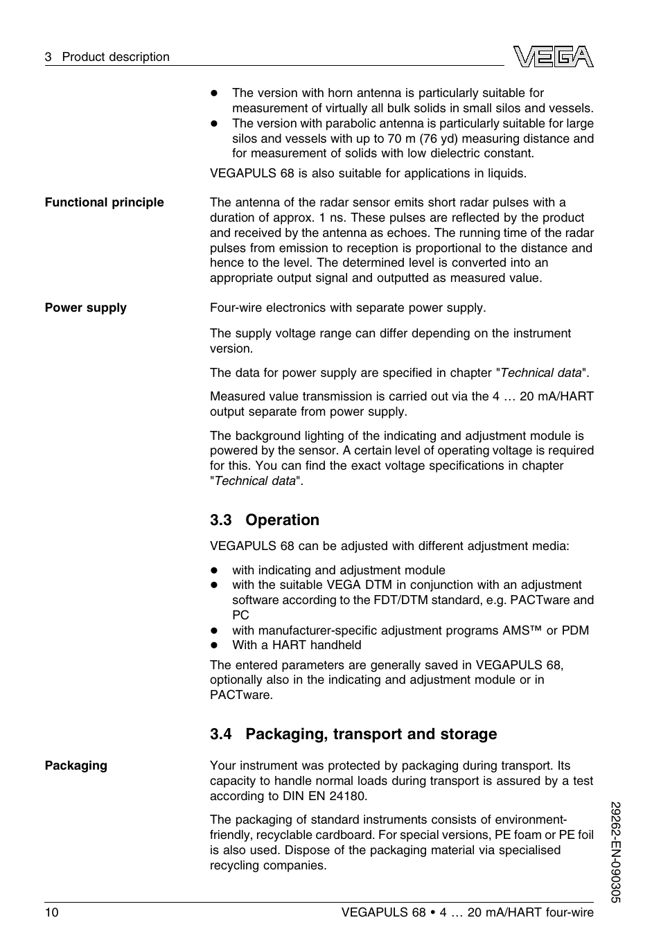 3 operation, 4 packaging, transport and storage | VEGA VEGAPULS 68 (≥ 2.0.0 - ≤ 3.8) 4 … 20 mA_HART four-wire User Manual | Page 10 / 72