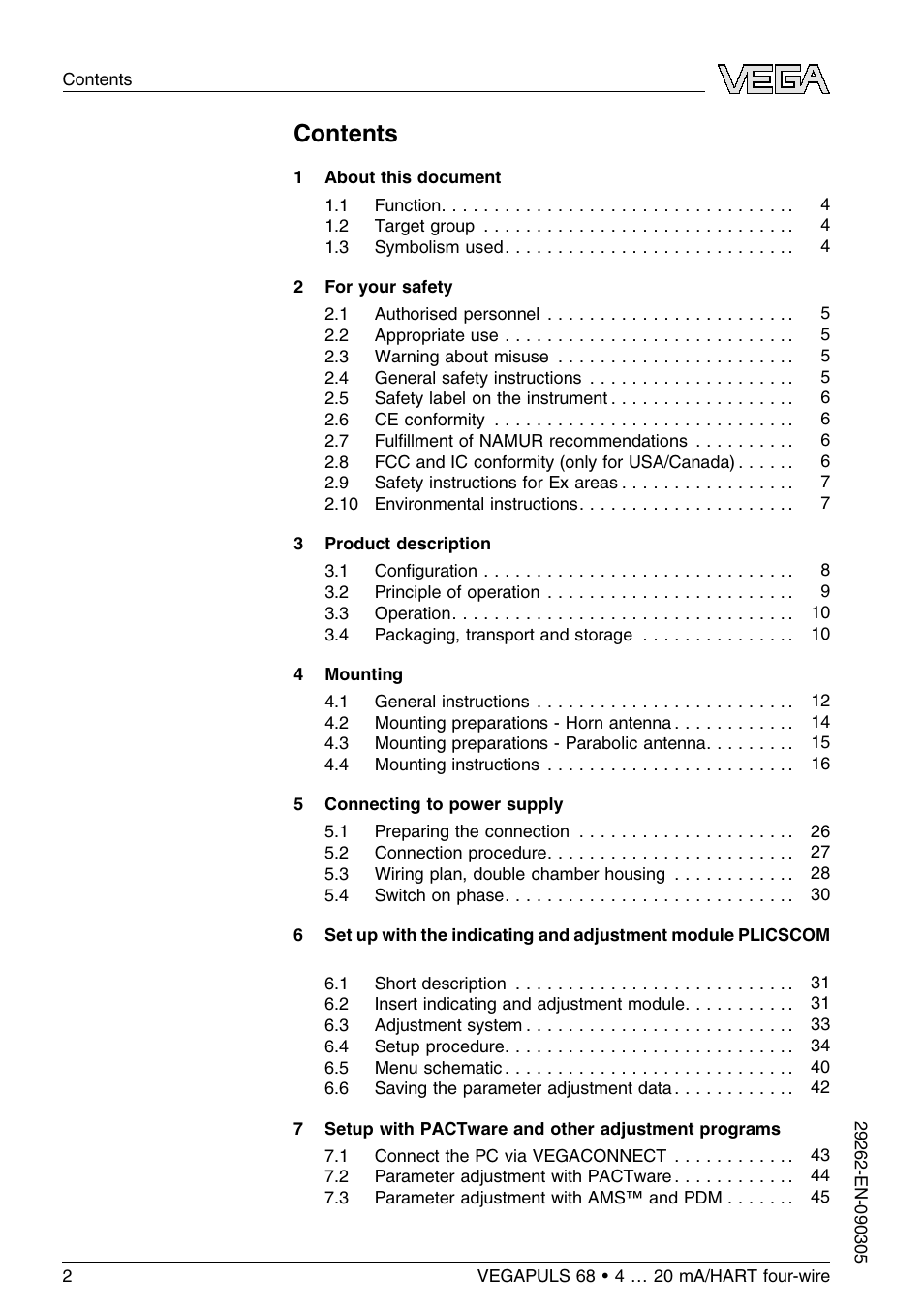 VEGA VEGAPULS 68 (≥ 2.0.0 - ≤ 3.8) 4 … 20 mA_HART four-wire User Manual | Page 2 / 72