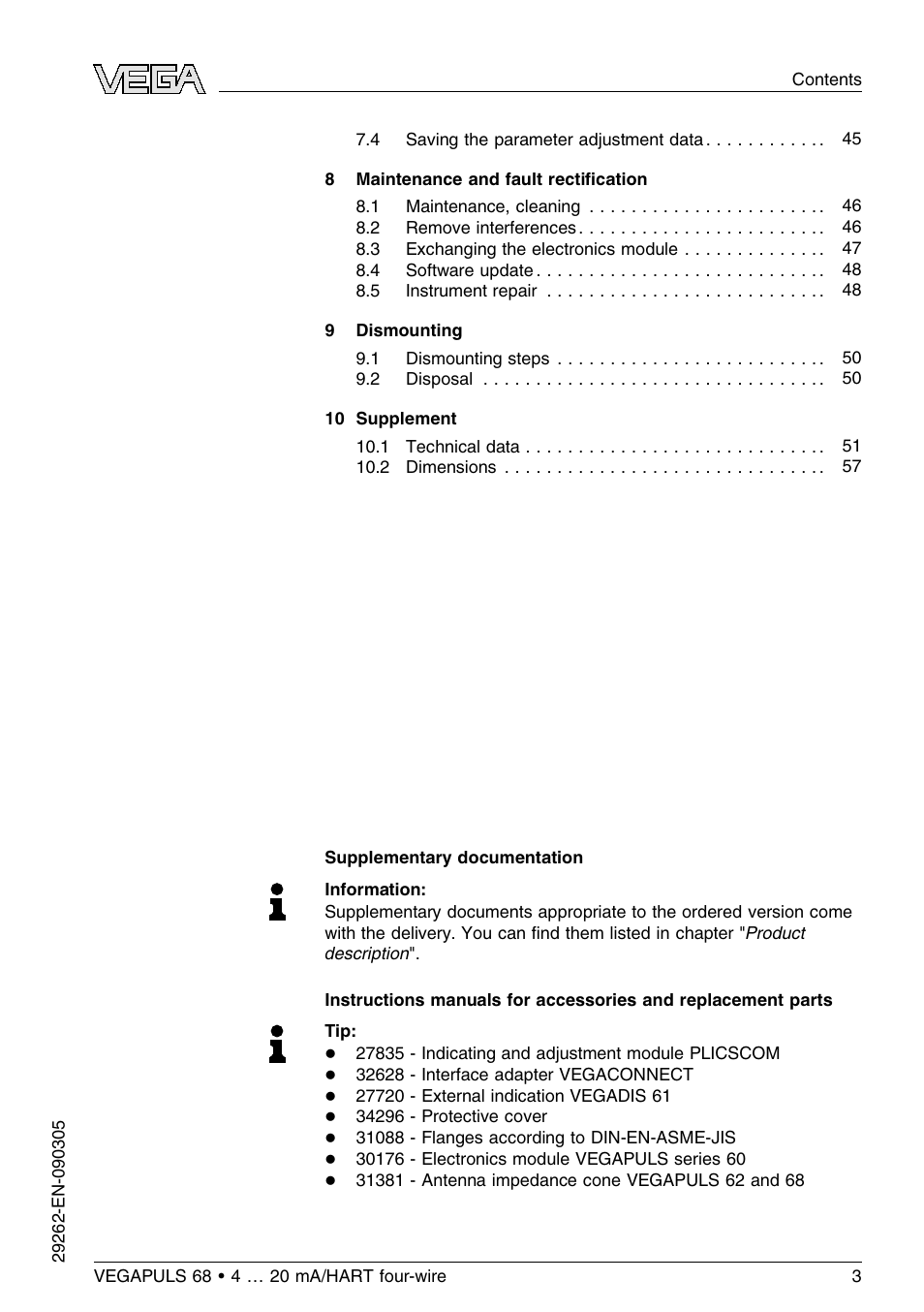 VEGA VEGAPULS 68 (≥ 2.0.0 - ≤ 3.8) 4 … 20 mA_HART four-wire User Manual | Page 3 / 72