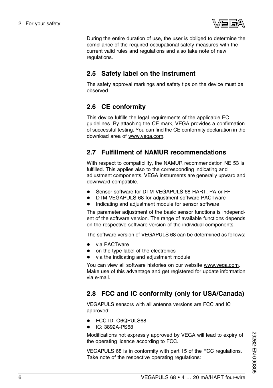 5 safety label on the instrument, 6 ce conformity, 7 fulfillment of namur recommendations | 8 fcc and ic conformity (only for usa/canada), 7 fulﬁllment of namur recommendations | VEGA VEGAPULS 68 (≥ 2.0.0 - ≤ 3.8) 4 … 20 mA_HART four-wire User Manual | Page 6 / 72