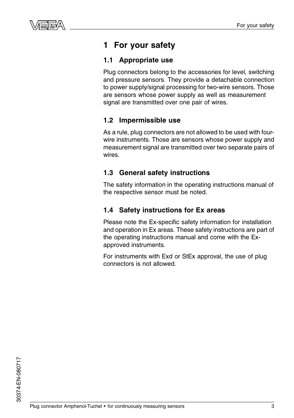 1 for your safety, 1 appropriate use, 2 impermissible use | 3 general safety instructions, 4 safety instructions for ex areas, 1 f or your safety | VEGA Plug connector Amphenol-Tuchel for continuously measuring sensors User Manual | Page 3 / 8