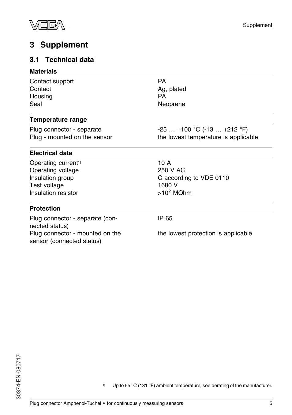 3 supplement, 1 technical data, 3 s upplement | VEGA Plug connector Amphenol-Tuchel for continuously measuring sensors User Manual | Page 5 / 8