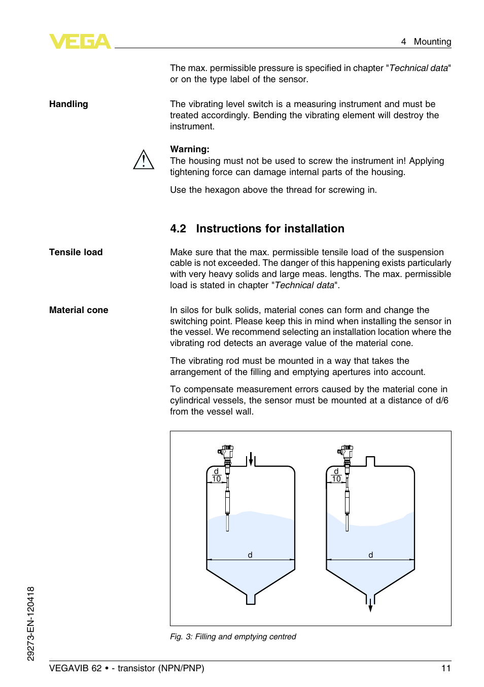 2 instructions for installation | VEGA VEGAVIB 62 - transistor (NPN-PNP) User Manual | Page 11 / 36