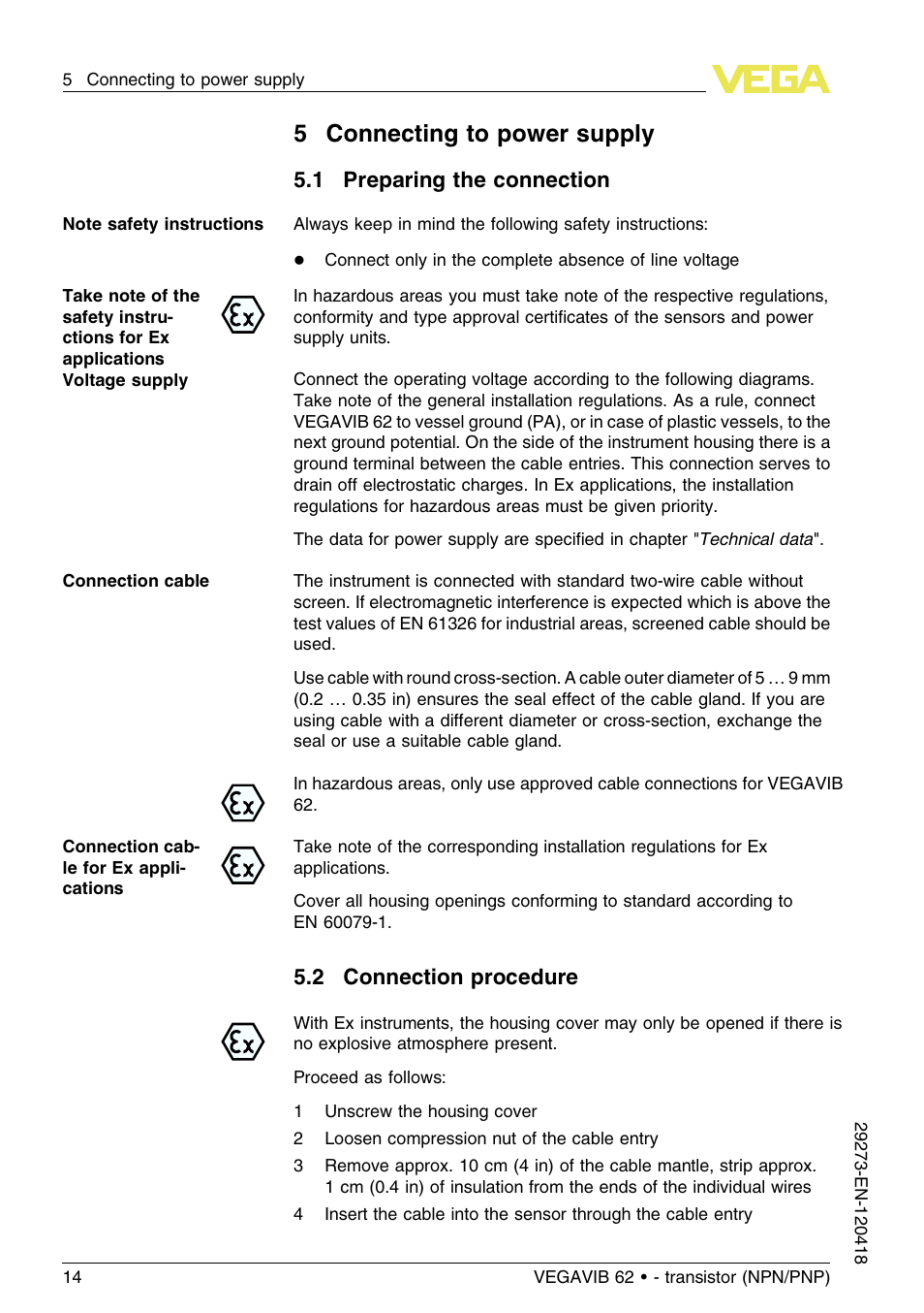 5 connecting to power supply, 1 preparing the connection, 2 connection procedure | 5connecting to power supply | VEGA VEGAVIB 62 - transistor (NPN-PNP) User Manual | Page 14 / 36