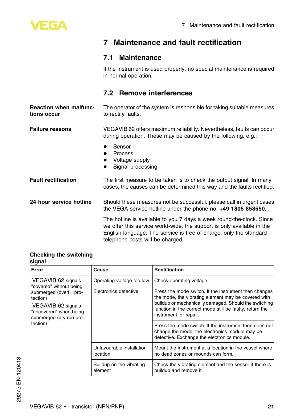 7 maintenance and fault rectification, 1 maintenance, 2 remove interferences | 7maintenance and fault rectiﬁcation | VEGA VEGAVIB 62 - transistor (NPN-PNP) User Manual | Page 21 / 36