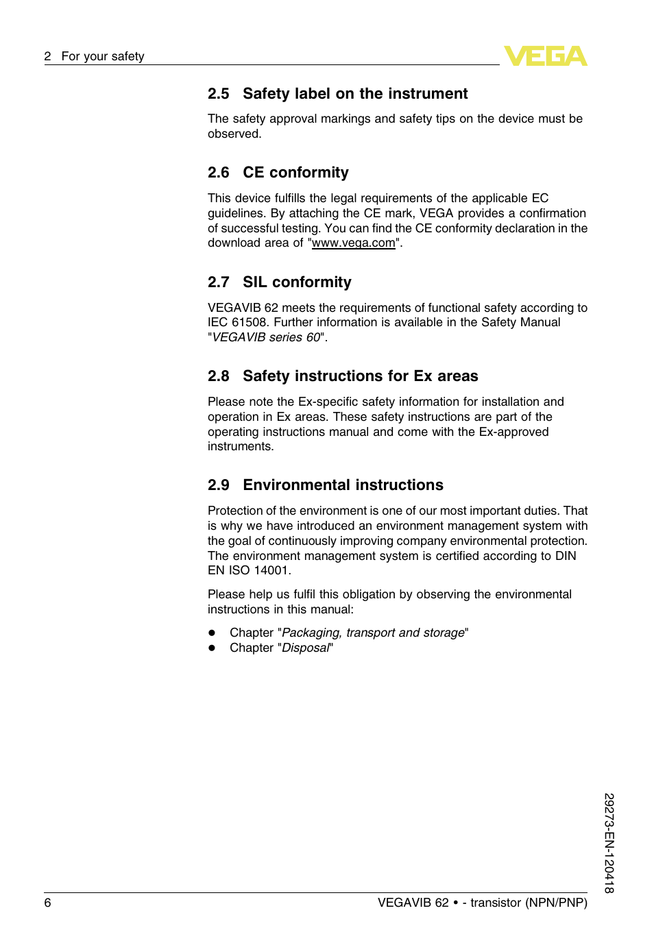 5 safety label on the instrument, 6 ce conformity, 7 sil conformity | 8 safety instructions for ex areas, 9 environmental instructions | VEGA VEGAVIB 62 - transistor (NPN-PNP) User Manual | Page 6 / 36