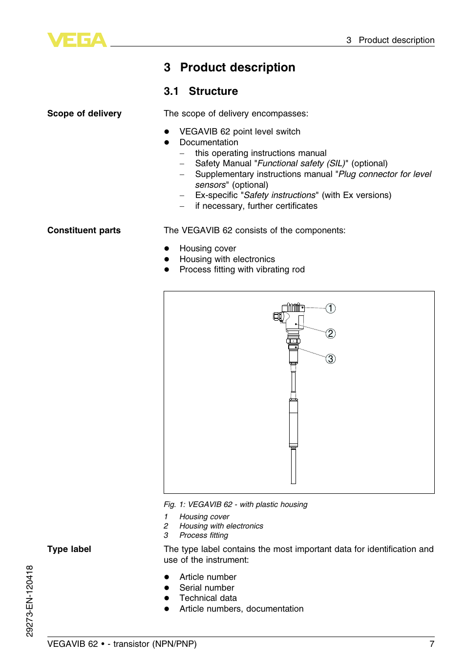 3 product description, 1 structure, 3product description | VEGA VEGAVIB 62 - transistor (NPN-PNP) User Manual | Page 7 / 36