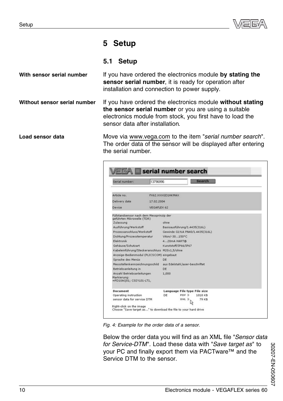 5 setup, 1 setup | VEGA VEGAFLEX series 60 Electronics module User Manual | Page 10 / 16