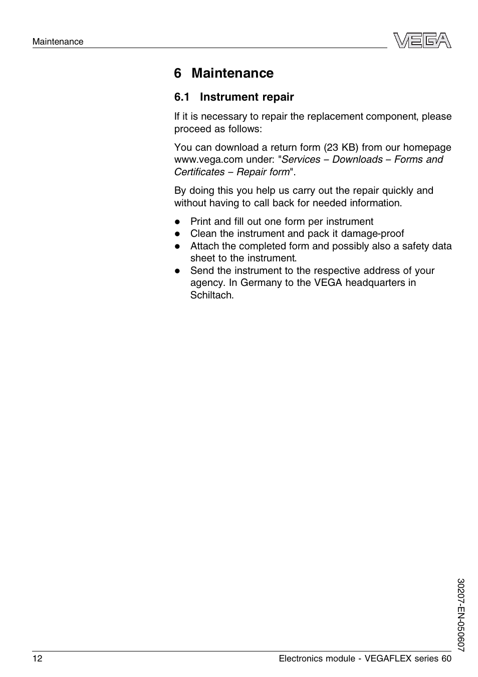 6 maintenance, 1 instrument repair | VEGA VEGAFLEX series 60 Electronics module User Manual | Page 12 / 16