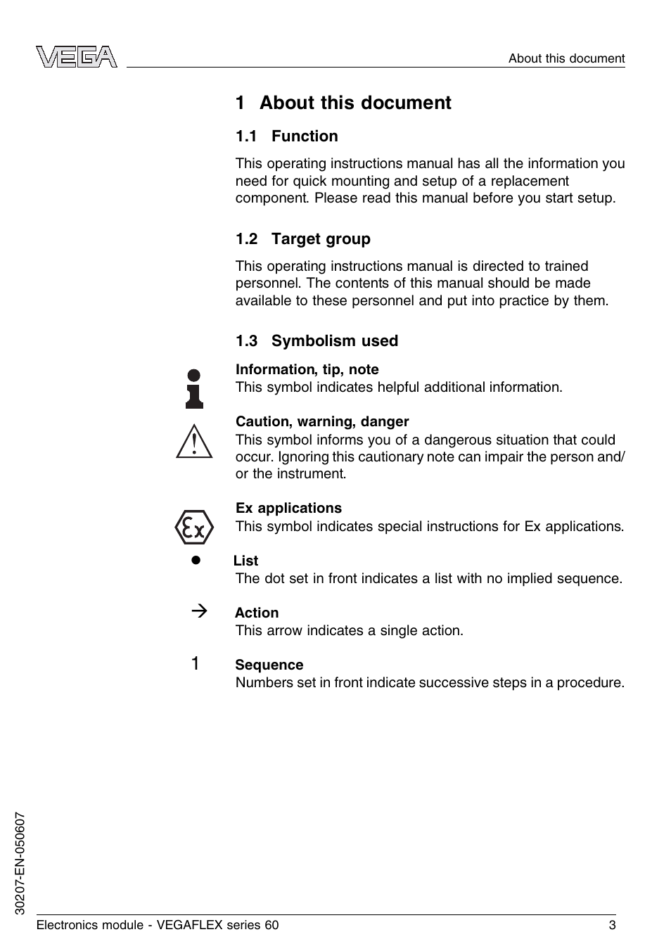 1 about this document, 1 function, 2 target group | 3 symbolism used | VEGA VEGAFLEX series 60 Electronics module User Manual | Page 3 / 16
