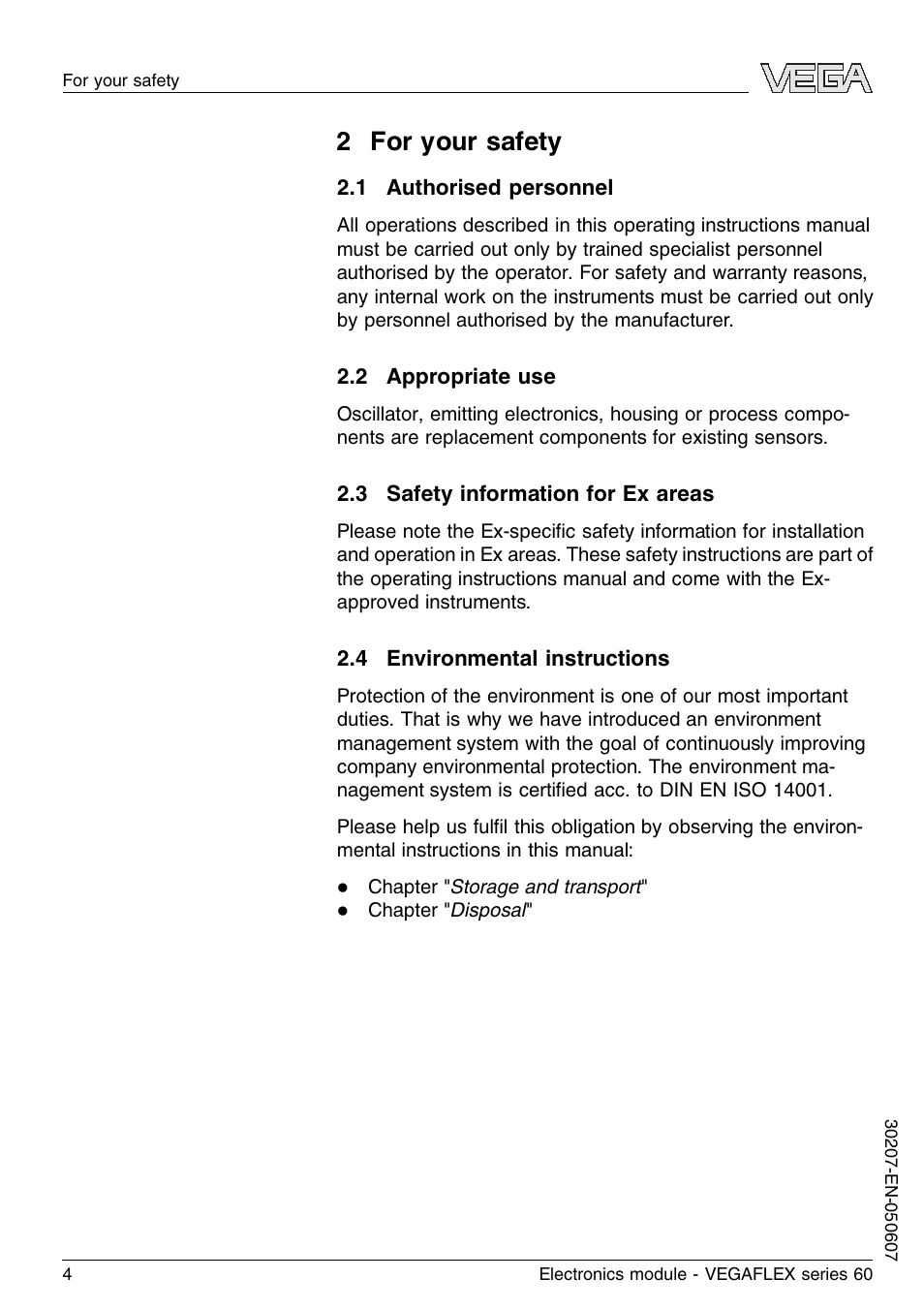 2 for your safety, 1 authorised personnel, 2 appropriate use | 4 environmental instructions | VEGA VEGAFLEX series 60 Electronics module User Manual | Page 4 / 16