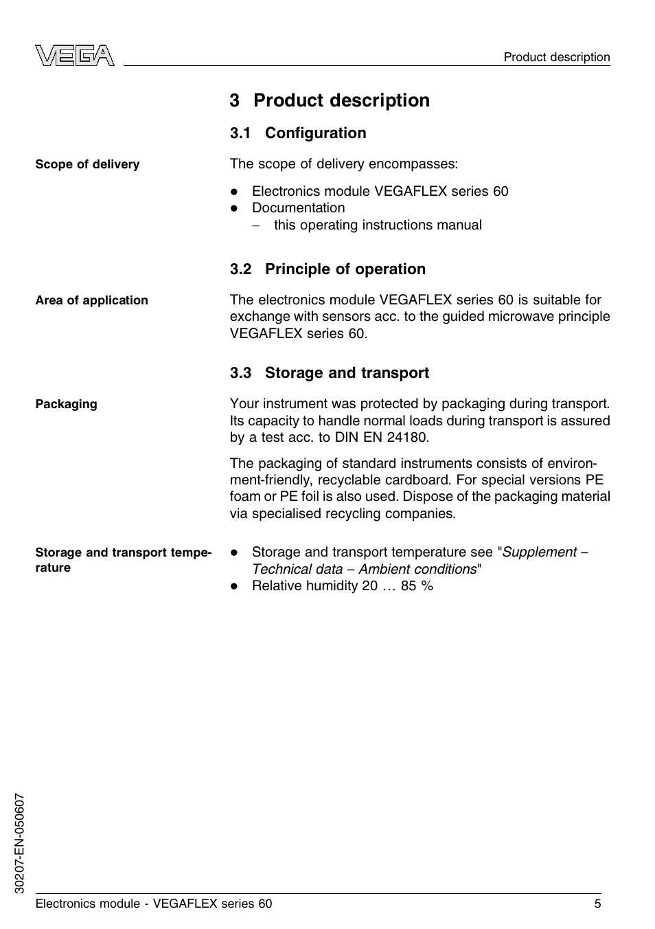 3 product description, 1 configuration, 2 principle of operation | 3 storage and transport | VEGA VEGAFLEX series 60 Electronics module User Manual | Page 5 / 16