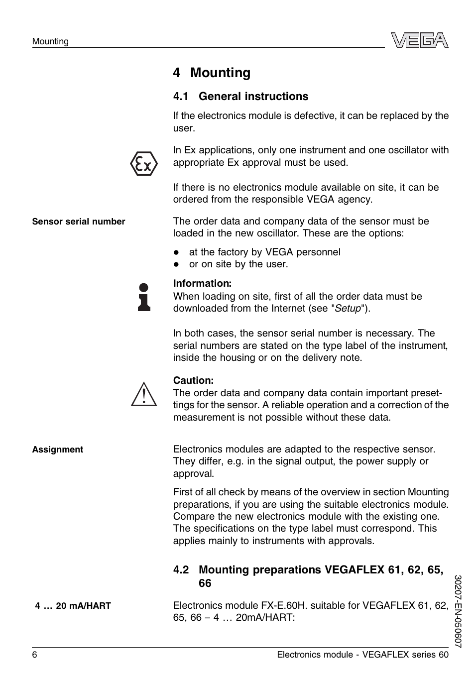 4 mounting, 1 general instructions, 2 mounting preparations vegaflex 61, 62, 65, 66 | VEGA VEGAFLEX series 60 Electronics module User Manual | Page 6 / 16