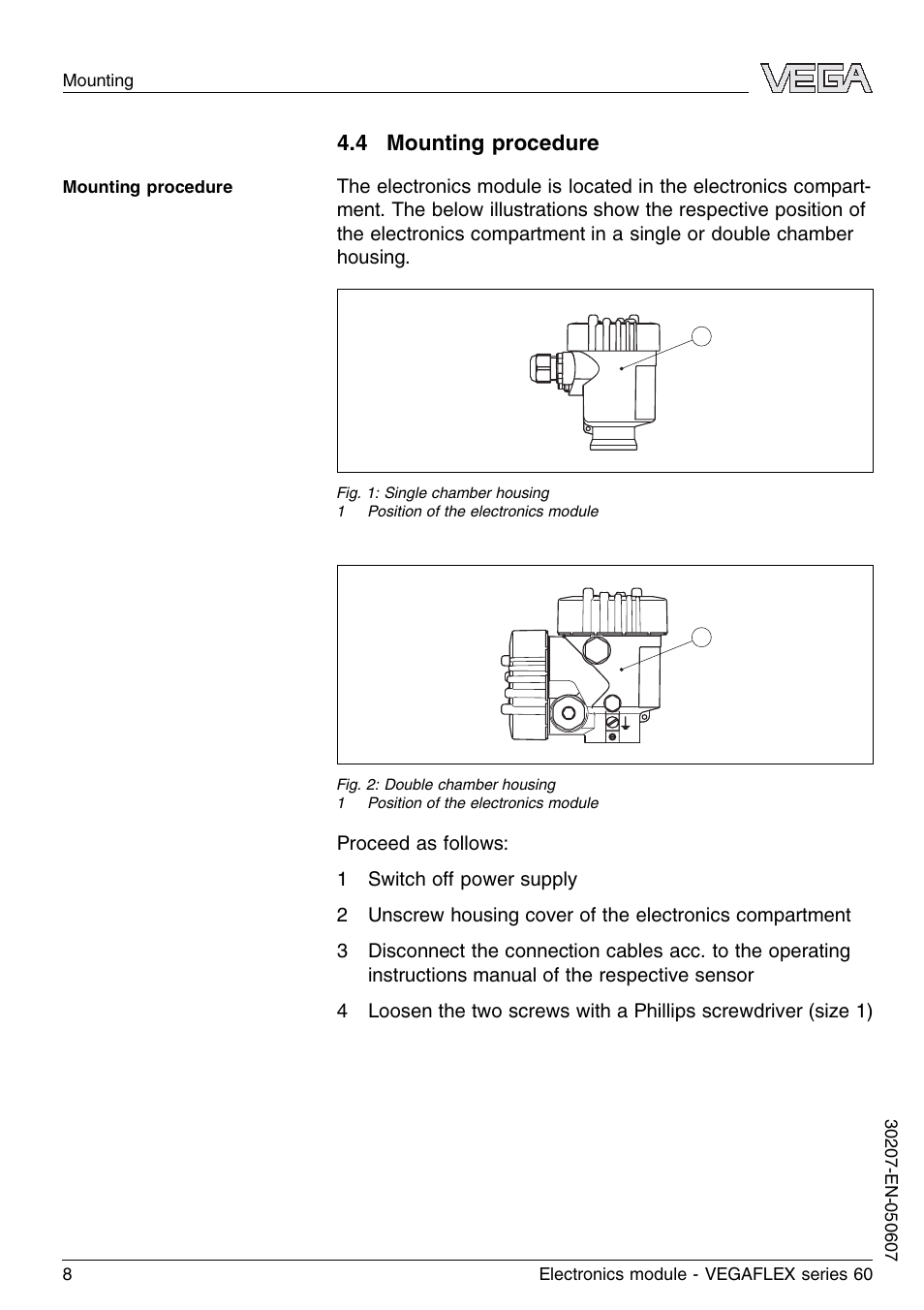 4 mounting procedure | VEGA VEGAFLEX series 60 Electronics module User Manual | Page 8 / 16
