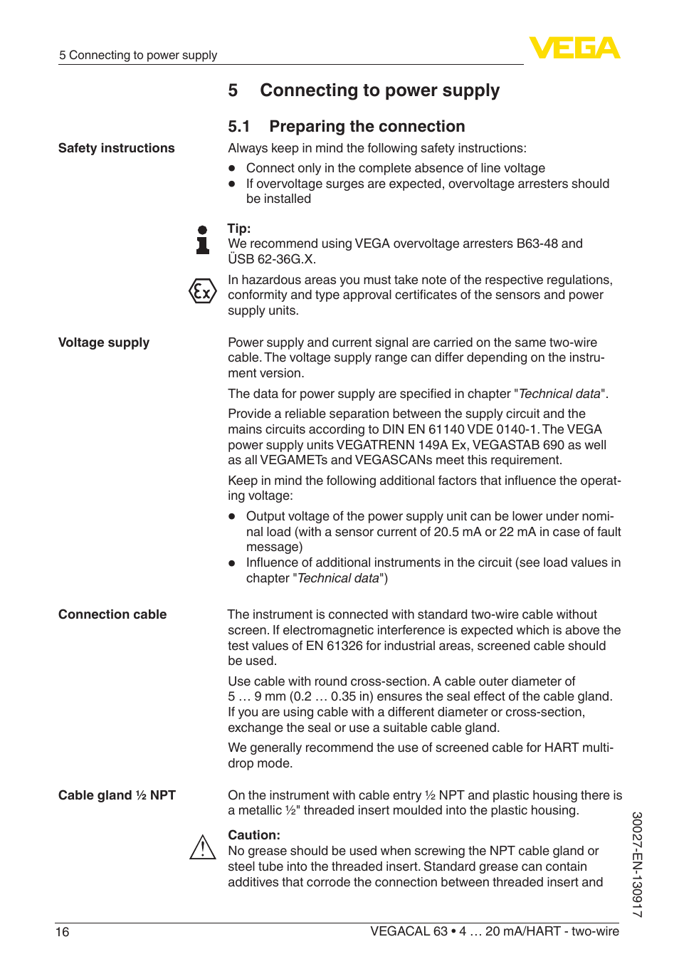 5 connecting to power supply, 1 preparing the connection | VEGA VEGACAL 63 4 … 20 mA_HART - two-wire User Manual | Page 16 / 52