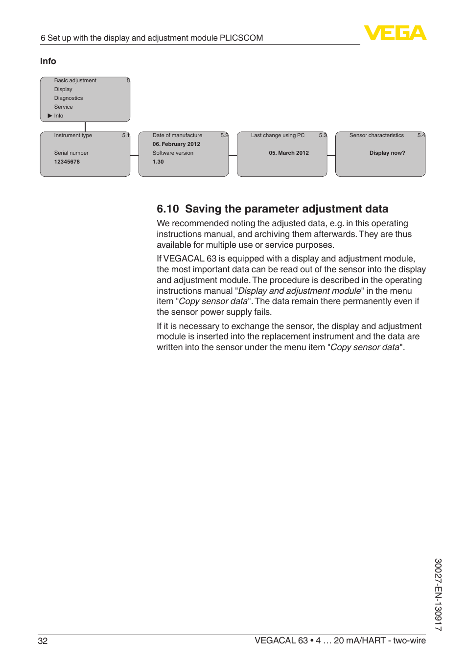 10 saving the parameter adjustment data | VEGA VEGACAL 63 4 … 20 mA_HART - two-wire User Manual | Page 32 / 52