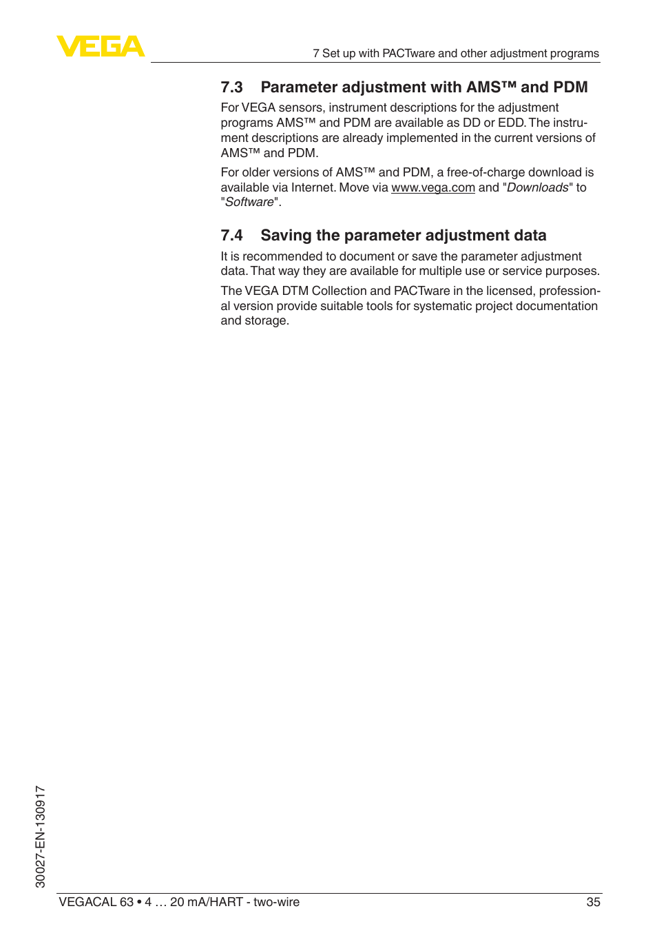 4 saving the parameter adjustment data, 3 parameter adjustment with ams™ and pdm | VEGA VEGACAL 63 4 … 20 mA_HART - two-wire User Manual | Page 35 / 52