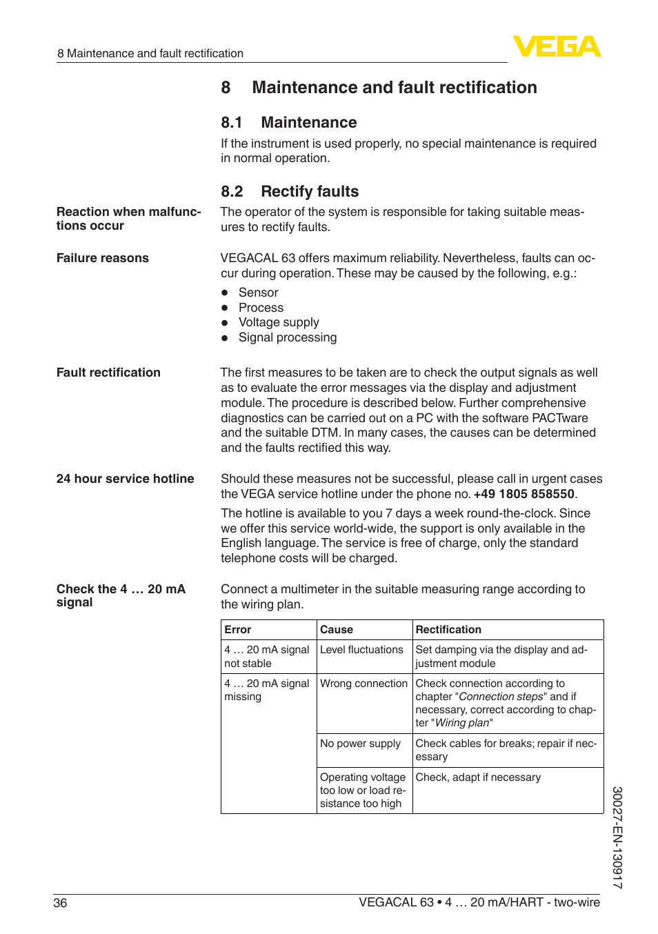 8 maintenance and fault rectification, 1 maintenance, 2 rectify faults | VEGA VEGACAL 63 4 … 20 mA_HART - two-wire User Manual | Page 36 / 52